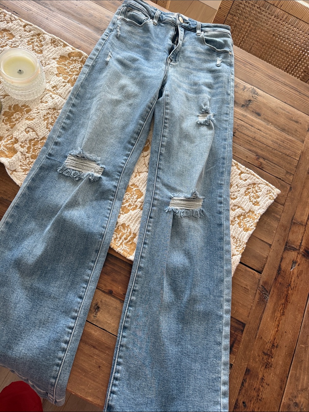 Light Blue Distressed Wide-Leg High-Rise Jeans